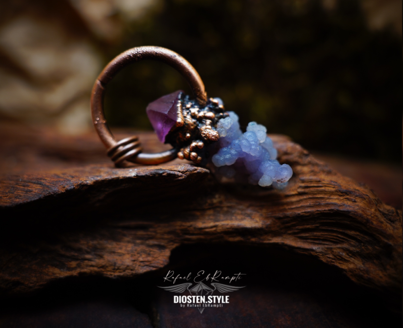 DIOSTEN přívěsek - GRAPE AGATE CHALCEDON ("Hroznový Achát"), fialový FLUORIT a MĚĎ
