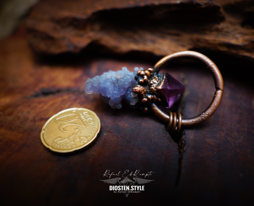 DIOSTEN přívěsek - GRAPE AGATE CHALCEDON ("Hroznový Achát"), fialový FLUORIT a MĚĎ